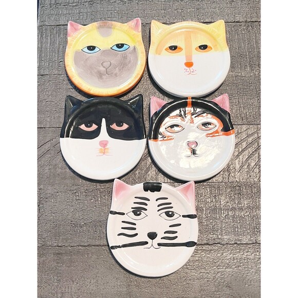 Kitty Cat Coasters Trinket Plate 2001 Bandwagon Ceramic Set of 5 - Picture 2 of 8